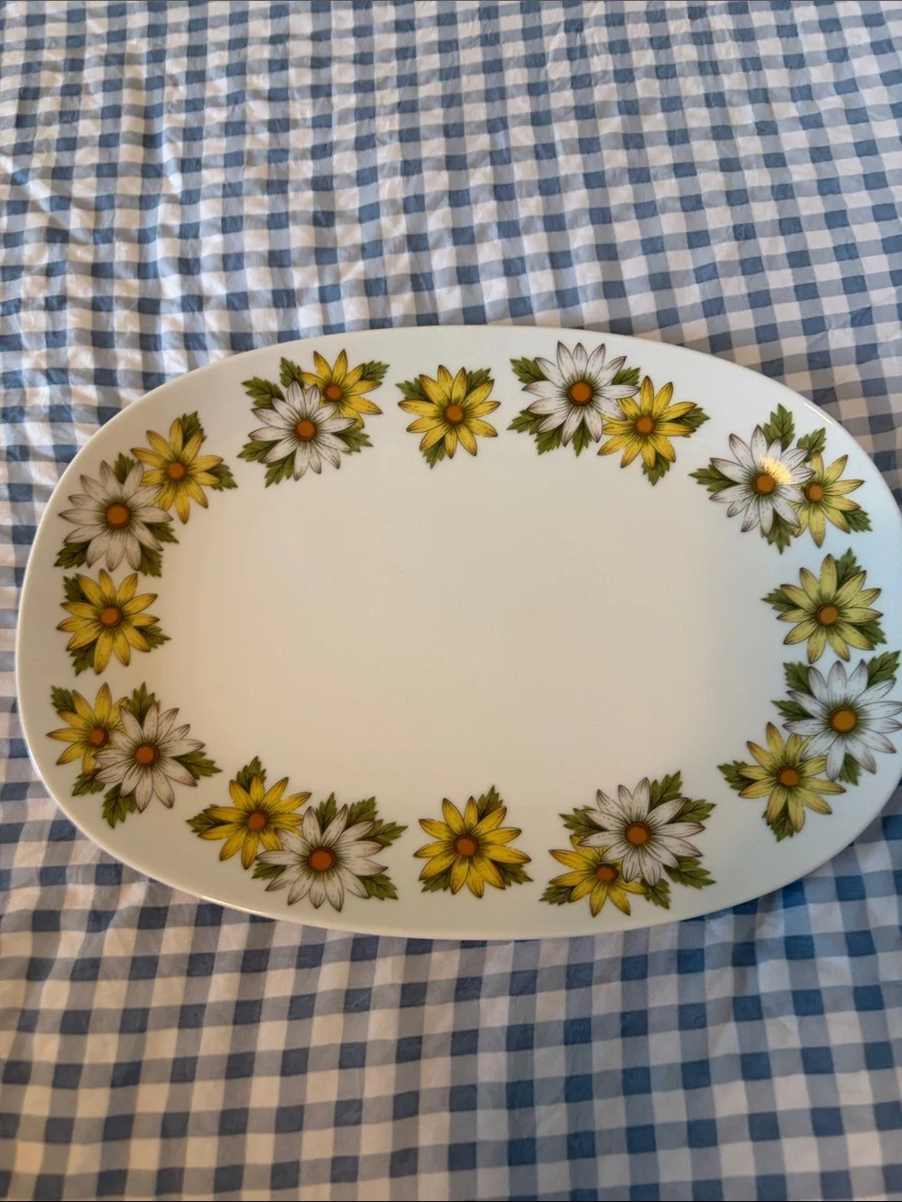 Oval White Serving Platters with Yellow Floral Border